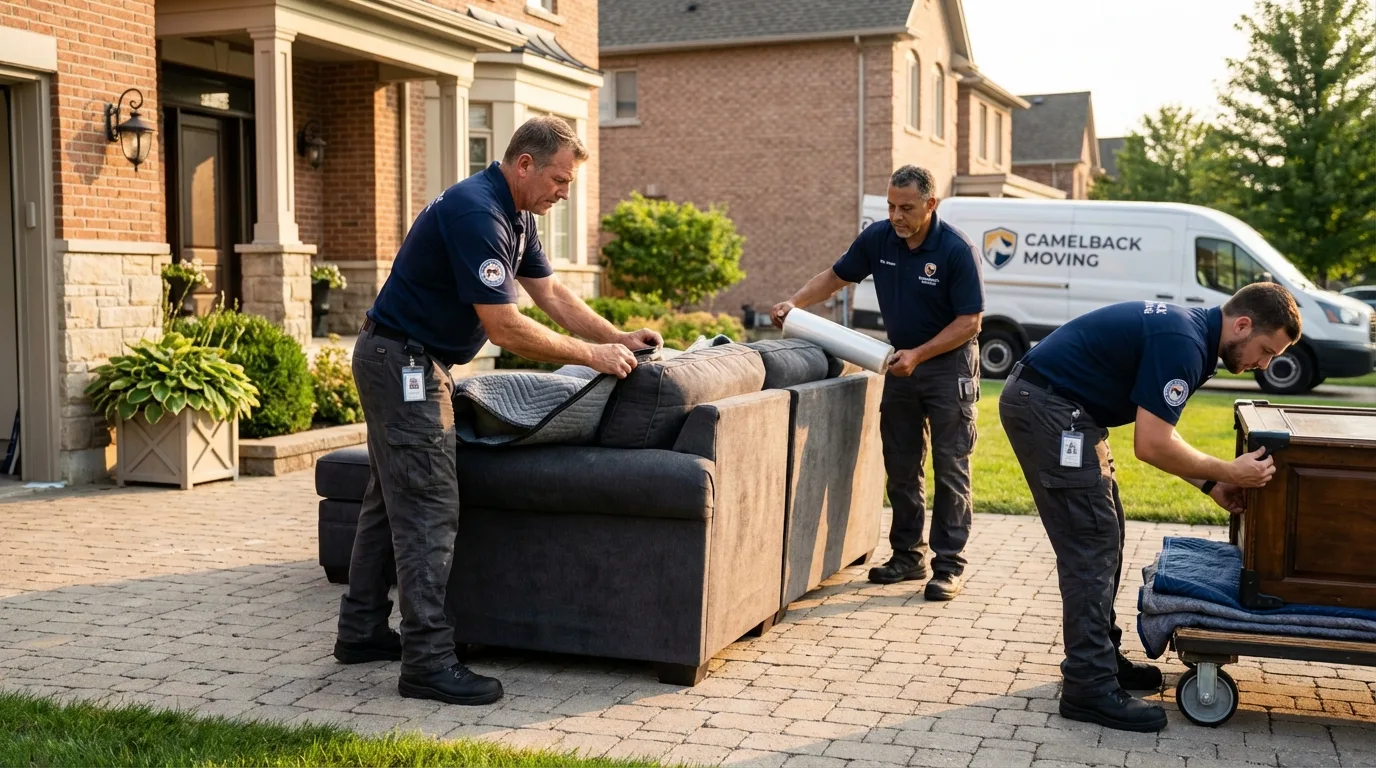 Large estate moving crew wrapping furniture in Ludington, MI