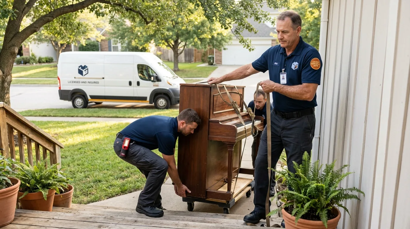 Licensed piano movers securing grand piano in Ludington, MI