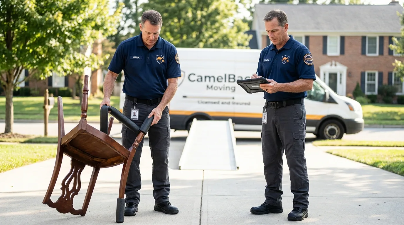 Movers inspecting furniture for damage prevention before loading in Ludington, MI