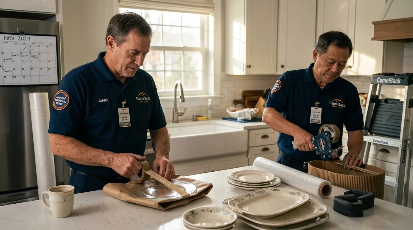 Professional crew packing kitchen dishware in Ludington, MI